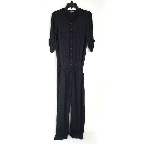 Express Button Front Jumpsuit Womens XS Roll Tab Sleeve Black Viscose Front Tie - Picture 1 of 9